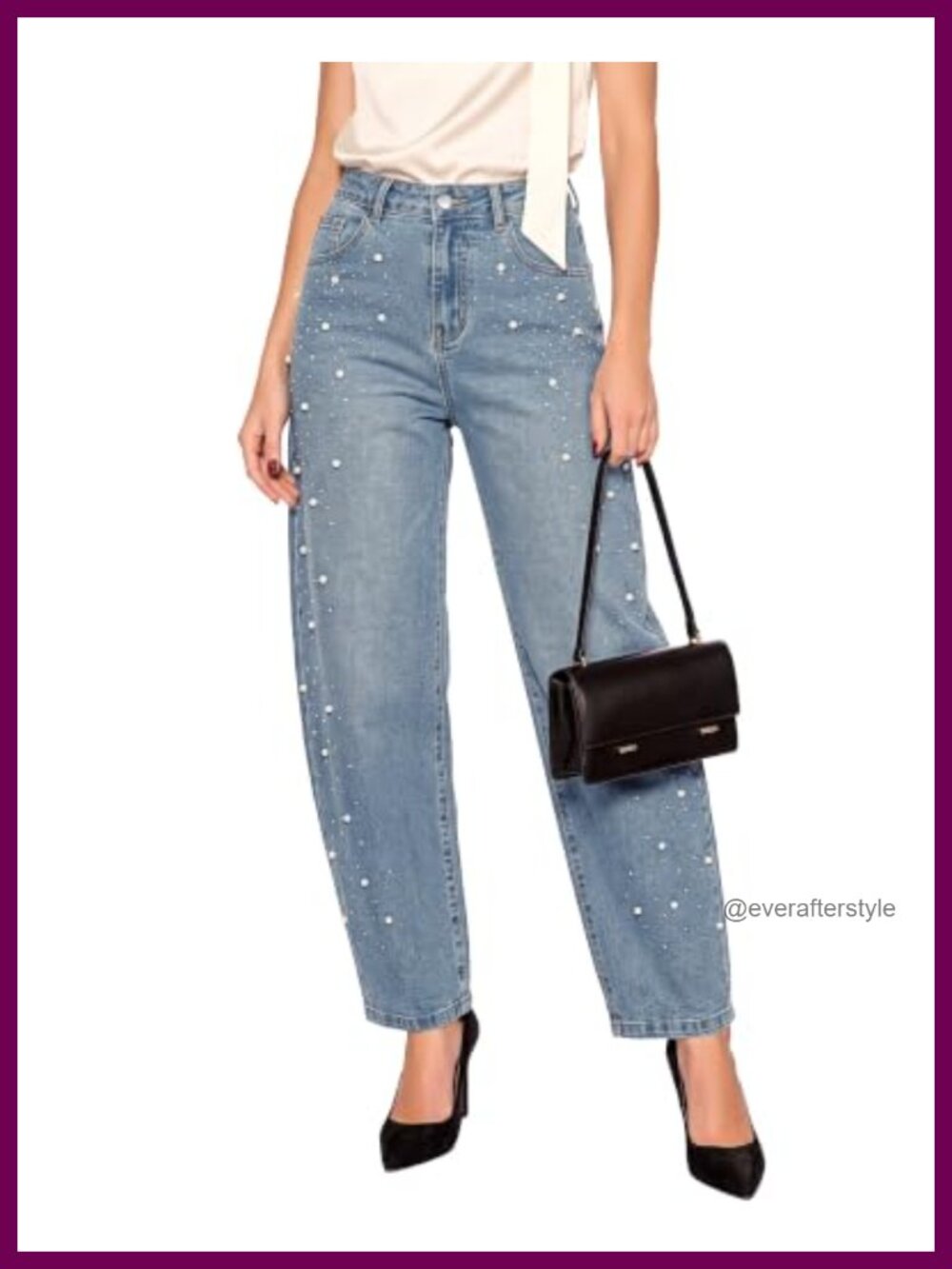 High Rise Wide Leg Barrel Jeans Rhinestone Pearl Embellished Denim Pants